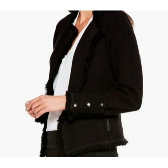 Nic+Zoe Jacket Black Textured Open Front Fringe Trim & Snap Cuff Detail Size XS - Picture 2 of 15